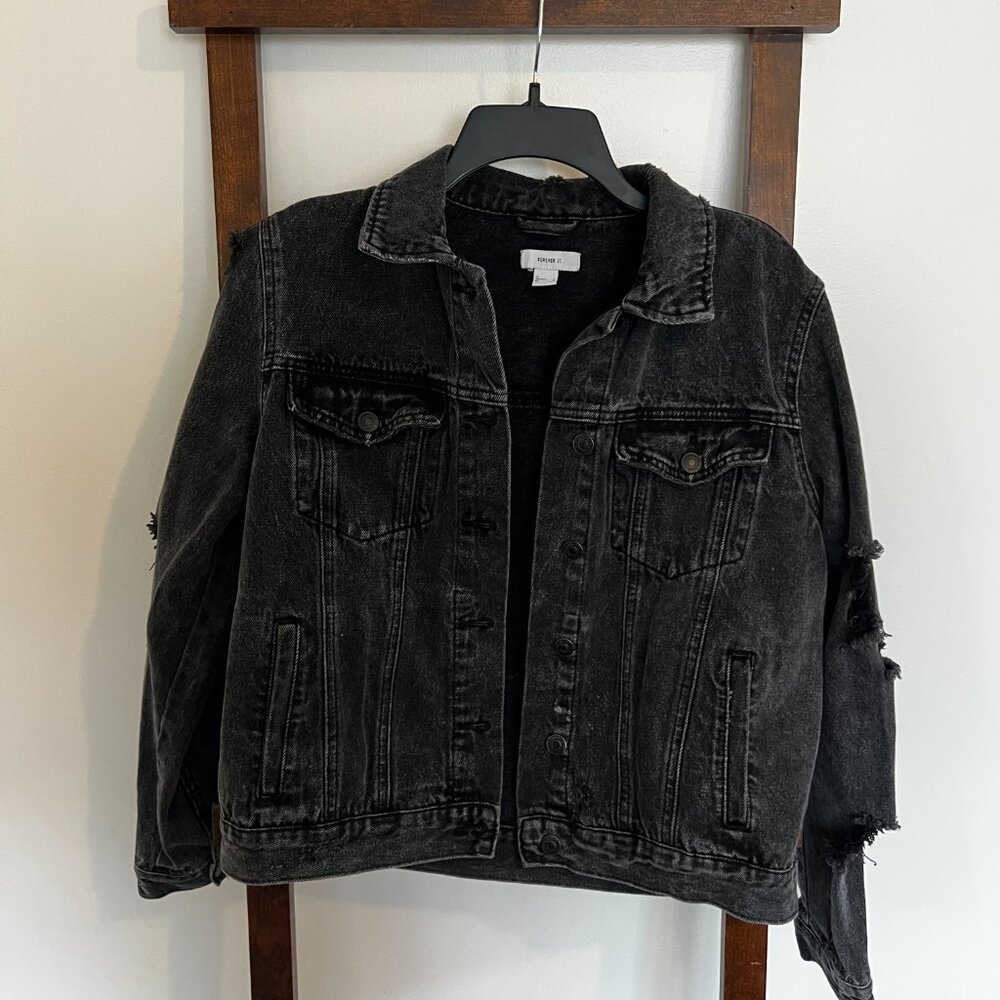 Distressed, Black Denim Jacket